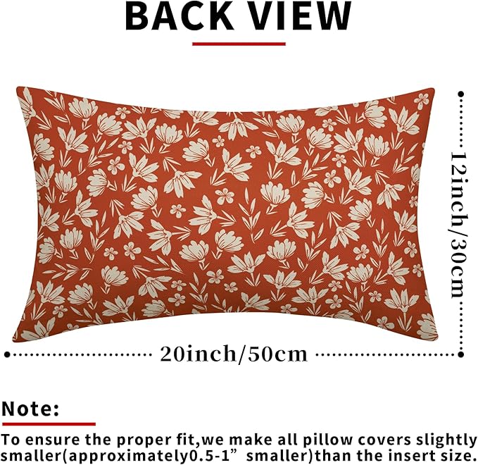 Burnt Orange Pillow Covers 12x20 Set of 2 Vintage Floral Rustic Old Style Cute Flower Print Rectangle Decorative Outdoor Pillowcases Seasonal Farmhouse Throw Cushion Case Couch Sofa Bed Decor