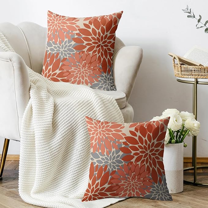 Orange Grey Gray Pillow Covers 16X16 Inch Set of 2, Fall Colored Modern Geometry Dahlia Floral Print Decorative Throw Pillow Covers Outdoor Farmhouse Cushion Case for Couch Sofa Bed Decor