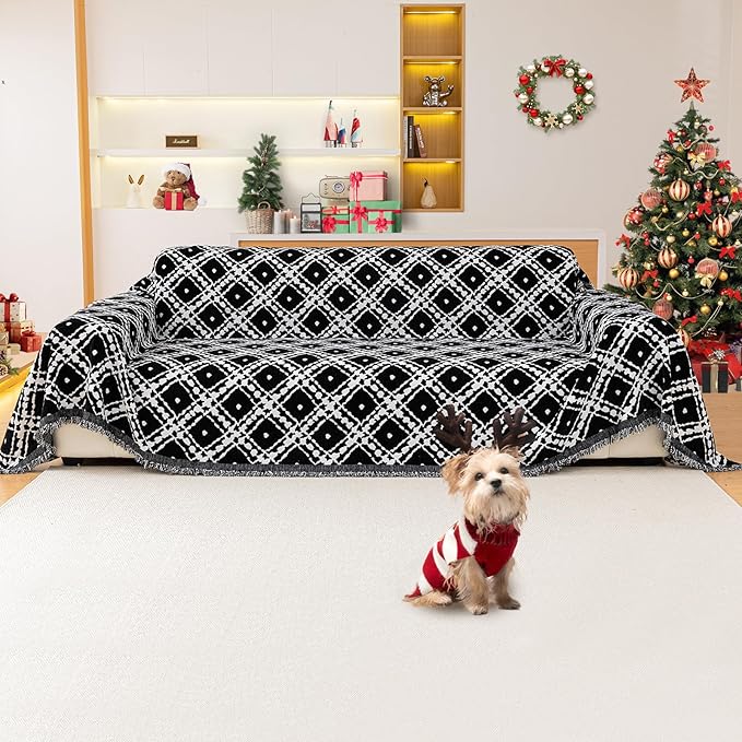 Reversible Couch Cover Blanket, Christmas Couch Cover, Chenille Sofa Cover Blanket, Christmas Sofa Covers Washable, 71"×102" Couch Covers for Recliner & Chair (1PC, Black, Loveseat)