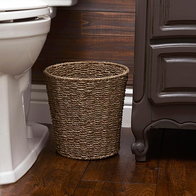 Household Essentials Seagrass Wicker Waste Basket, Handwoven Waste Bin with Metal Frame, Perfect for Bathrooms and Bedrooms,