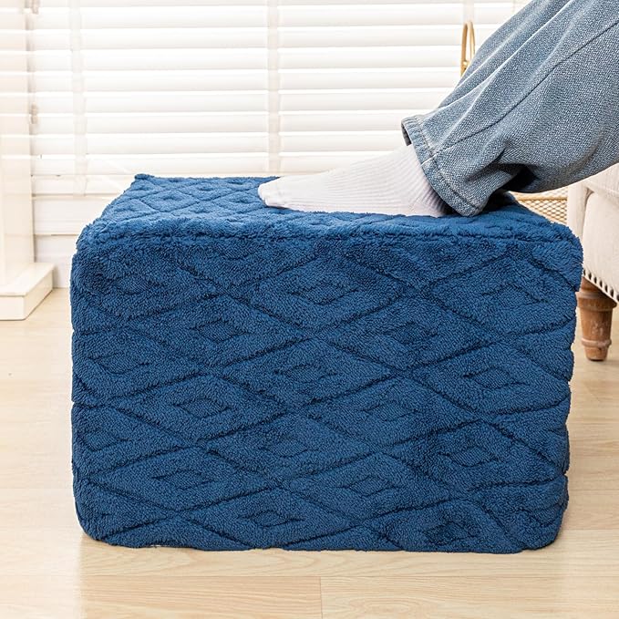 Fluffy Square Ottoman Pouf with All-in-One Foam Filling 20 x 14 Inches Furry Ottoman Foot Rest Foot Stool for Living Room or Bedroom (Navy)