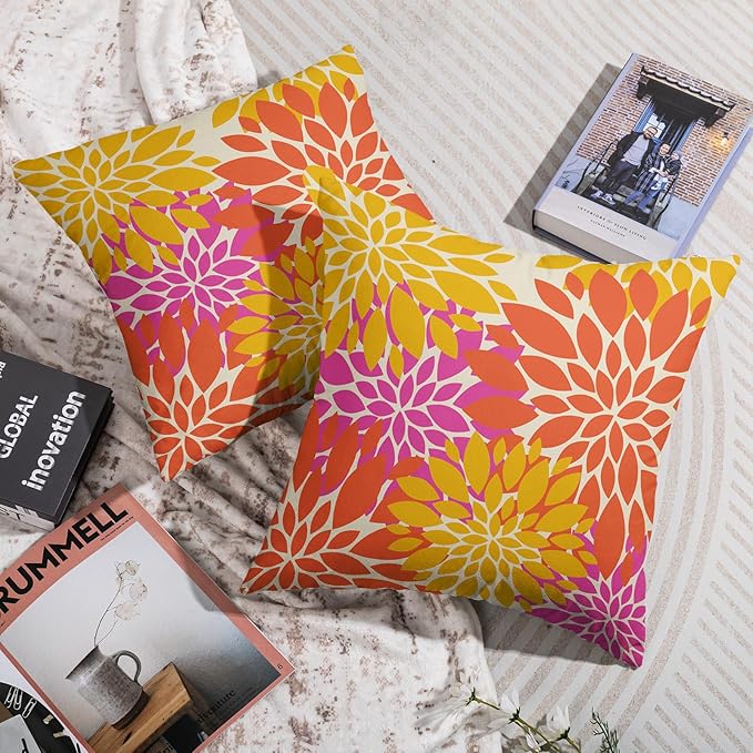 Yellow Orange Pink Pillow Covers 22X22 Inch Set of 2, Modern Dahlia Floral Print Decorative Throw Pillow Covers Outdoor Farmhouse Cushion Case for Home Couch Sofa Bed Decoration
