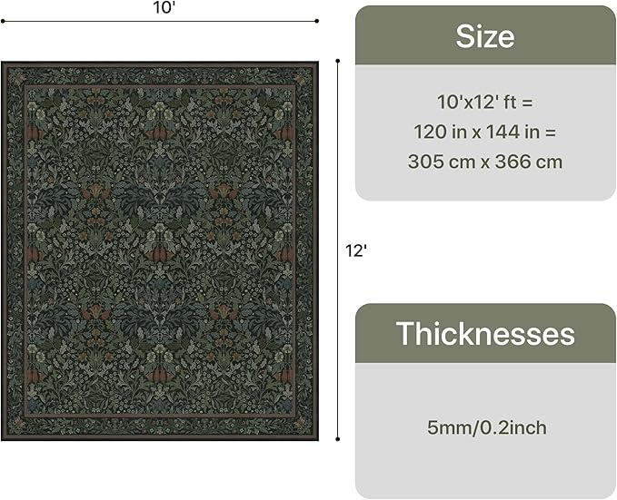 GENIMO Washable 10x12 Area Rug, Vintage Boho Floral Carpet, Soft Low-Pile Non-Slip Thin Rug for Living Room, Bedroom, Dining Room, Nursery, Dark Green