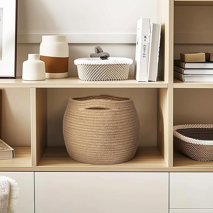 Decorative Wicker Storage Basket, 11" x 9" Indoor Plant Basket for Home Decor, Round Woven Dog Cat Toy Bin with Handle, Bathroom Towel Storage, Jute Planter Holder, Shelf Closet Organizer