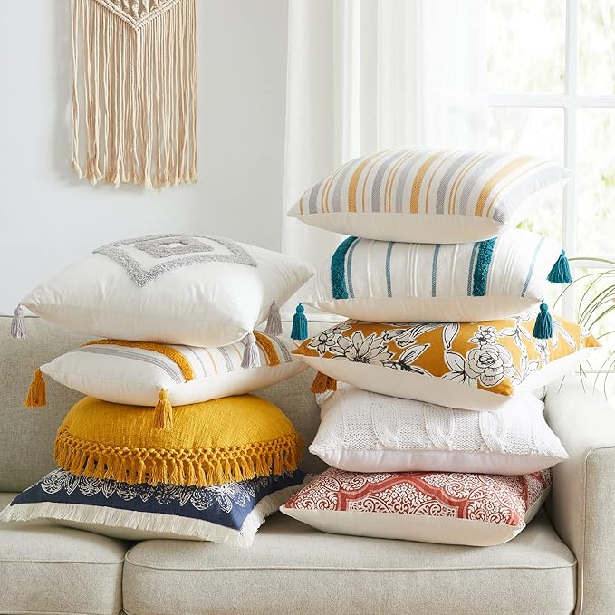 Indigo Ink - Decorative Pillow, Woven Stripe Decorative Pillow, Throw Pillows for Couch or Bed, Boho Home Decor, 14" x 20" (White Denim Collection, Grey/Yellow)