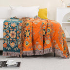 Throw Blankets Queen Size for Bed Couch,100% Cotton Soft Lightweight Blanket Rustic Quilt -Orange Floral Printed Farmhouse Decor Bed All Season Blankets,80"×90"