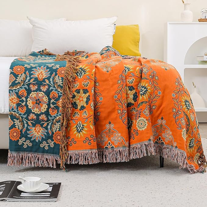 Throw Blankets Queen Size for Bed Couch,100% Cotton Soft Lightweight Blanket Rustic Quilt -Orange Floral Printed Farmhouse Decor Bed All Season Blankets,80"×90"