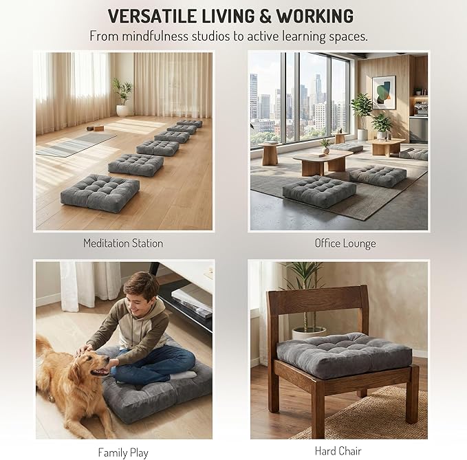 Degrees of Comfort Meditation Floor Pillow, Square Large Pillows Seating for Adults, Gray Tufted Corduroy Cushions for Outdoor Yoga Tatami Fireplace Living Room, Grey, 22x22 Inch