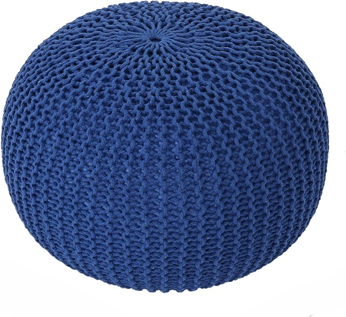 Round Pouf Ottoman, 18" Bordeaux Knitted Cotton Woven Round Pouf, Handmade Woven Bean Bag for Living Room, Floor Bag for Bedrooms, Home, Offices, Sofa Footrest (Navy)
