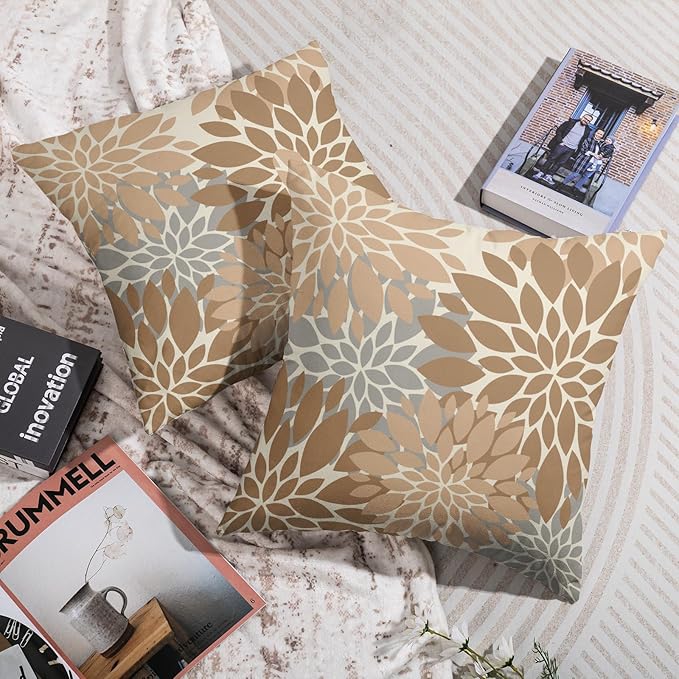 Light Brown Grey Gray Pillow Covers 16X16 Inch Set of 2, Dahlia Flower Spring Summer Floral Cream Decorative Throw Pillow Covers Outdoor Modern Farmhouse Cushion Case for Home Couch Sofa Bed Decor