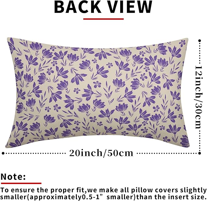 Purple Floral Pillow Covers 12x20 Set of 2 Vintage Rustic Old Style Cute Small Flower Cream Print Rectangle Decorative Outdoor Pillowcases Fall Farmhouse Throw Cushion Case Couch Sofa Bed Decor