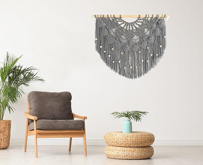 Youngeast Large Macrame Wall Hanging Boho Beaded Curtain for Window Macrame Bedroom Headboard Living Room Wall Art Tassel Tapestry Bohemian Woven Wall Decor 31" W X 25" H (Grey)