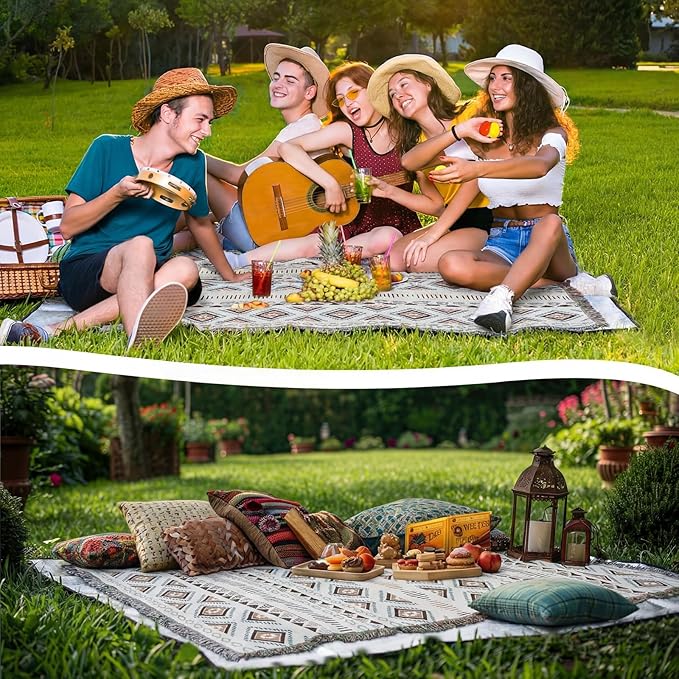 91x 71 in Extra Large Outdoor Picnic Blanket with Waterproof Mat Oversize Beach Woven Cotton Yarn Blanket with Fringe Machine Sandproof for Spring Summer Camping Beach Park(Diamond,Brown)