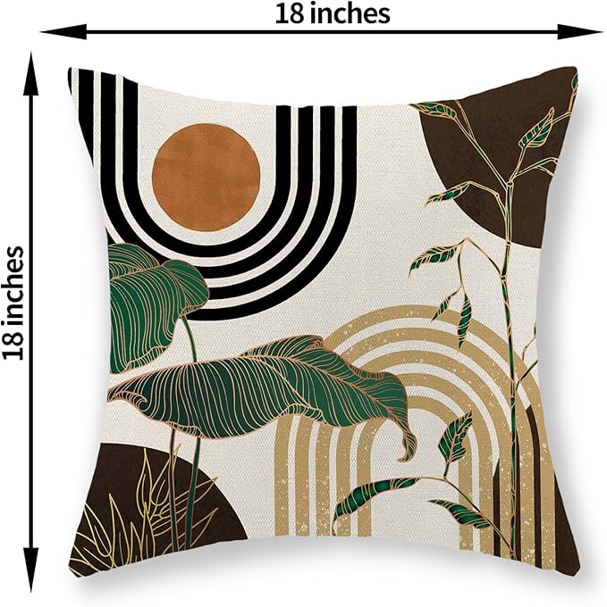 Boho Brown Pillow Covers 18x18 Set of 2 Green Gold Leaf Tropical Mid Century Throw Pillows Outdoor Bohemian Decorative Pillow Cases Modern Abstract Linen Cushion Case for Couch Sofa Decor