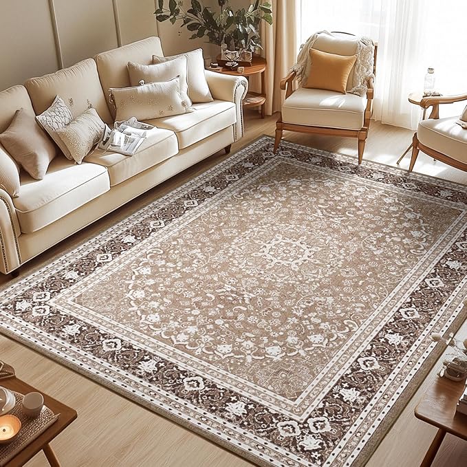 Lessymo 9 x 12 Area Rugs for Living Room, Machine Washable Area Rugs Boho Faux Wool Low Pile Area Rug for Bedroom, Floral Medallion Vintage Rugs with Non-Slip Rubber, Kid & Pet Friendly, Brown White