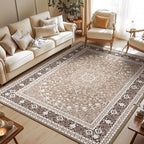 Lessymo 8 x 10 Area Rugs for Living Room, Machine Washable Area Rugs Boho Faux Wool Low Pile Area Rug for Bedroom, Floral Medallion Vintage Rugs with Non-Slip Rubber, Kid & Pet Friendly,Brown White
