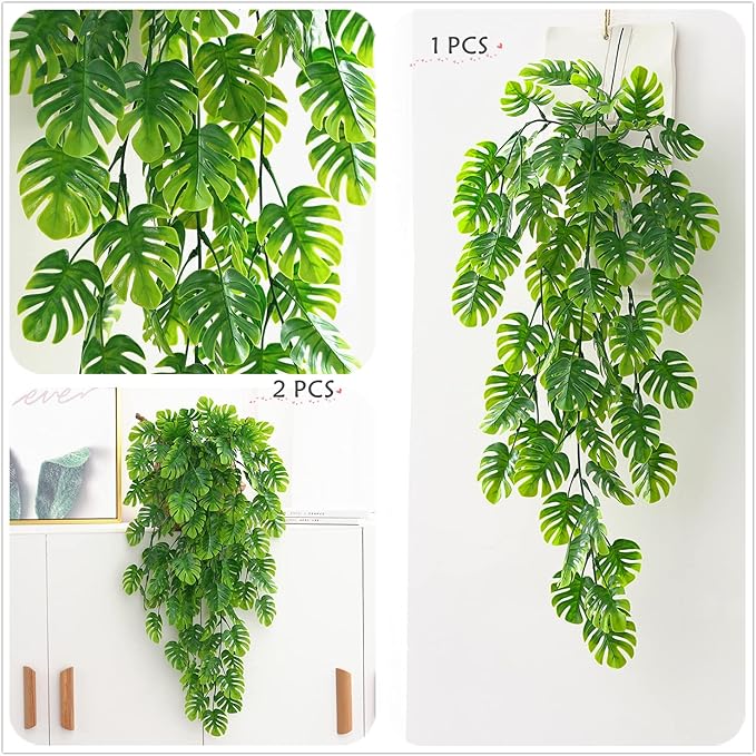 CATTREE Monstera Leaves Artificial Hanging Vines 4 Pack, Fake Ivy Tropical Leafs Green Leaf Plants Greenery Faux Vine Ivy Rattan Ferns for Wedding Garden Home Hawaiian Part Outdoor Décor