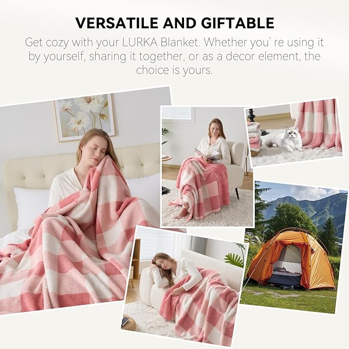 LURKA Checkered Sherpa Fleece Throw Blanket – Soft and Cozy, Medium Weight for All Season, Plush Throw for Couch, Bed, Dorm & Pets, Powder Pink, 60x80 Inches