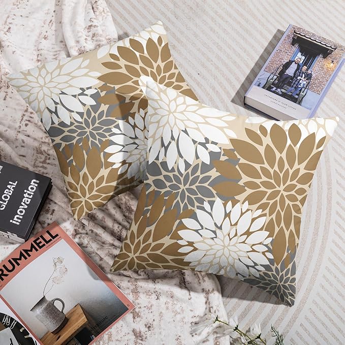 Brown White Grey Gray Pillow Covers 22X22 Inch Set of 2, Modern Dahlia Floral Print Decorative Throw Pillow Covers Outdoor Farmhouse Cushion Case for Home Couch Sofa Bed Decoration