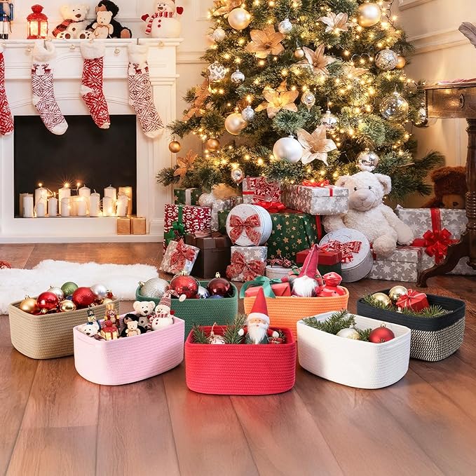 3-Pcs Shelf Baskets for Organizing, Closet Organizer Bins, Small Woven Baskets, Rope Toy Basket, Storage Basket for Shelves, Cube Decorative Box, 11.8×7.8×5.1”, Rainbow
