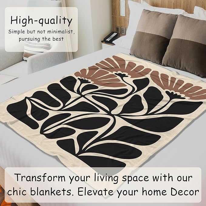 HIWX Boho Abstract Floral Blanket, Boho Brown and Black Abstract Flowers Throw Blanket for Home Living Room Bedroom Decor, Floral Room Decor, 50x60 Inches