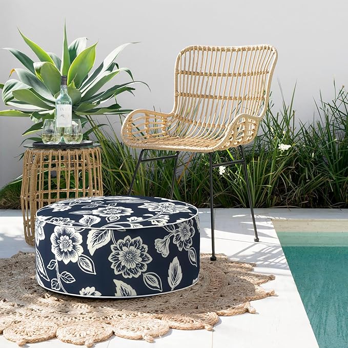 Indoor/Outdoor Inflatable Ottoman with Handle, Decorative Fade-Resistant Round Footstool D21 x H9 inch, Portable Ottoman Pouf for Patio Garden Camping, Elegant Vines Navy
