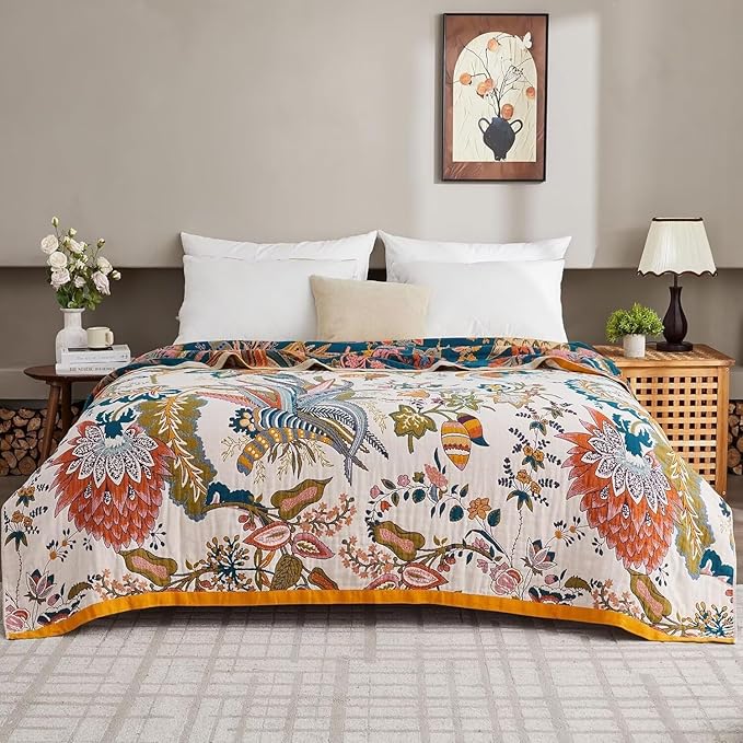 Boho Throw Blanket Farmhouse Decor Throw Blanket Bohemian Blanket for Bed 100% Cotton Muslin Woven Couch Blanket All Seasons Quilt Bedroom (Beige, 60"x80")