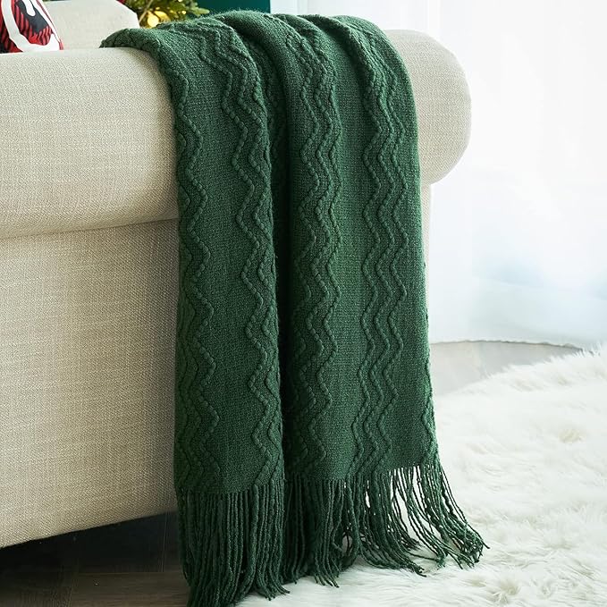 MIULEE Dark Green Knitted Throw Blanket for Couch Boho Textured Cozy Woven Blanket with Tassels for Sofa Chair Bed Living Room Acrylic Wave Pattern 60"x80"