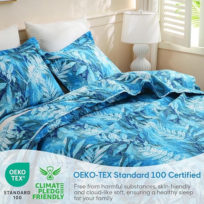 JSD Teal Blue Tropical Leaves Quilt Set Full/Queen, 3 Piece Printed Bedspreads Coverlet with Pillow Sham, Lightweight Quilted Blanket