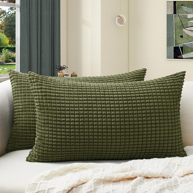 Softalker Throw Pillow Covers 12x20 Inch, Set of 2, Soft Corduroy Boho Stripe Decorative Pillow Cover, Couch Fluffy Pillow Cover for Farmhouse Home Decor Bed Living Room, Olive Green