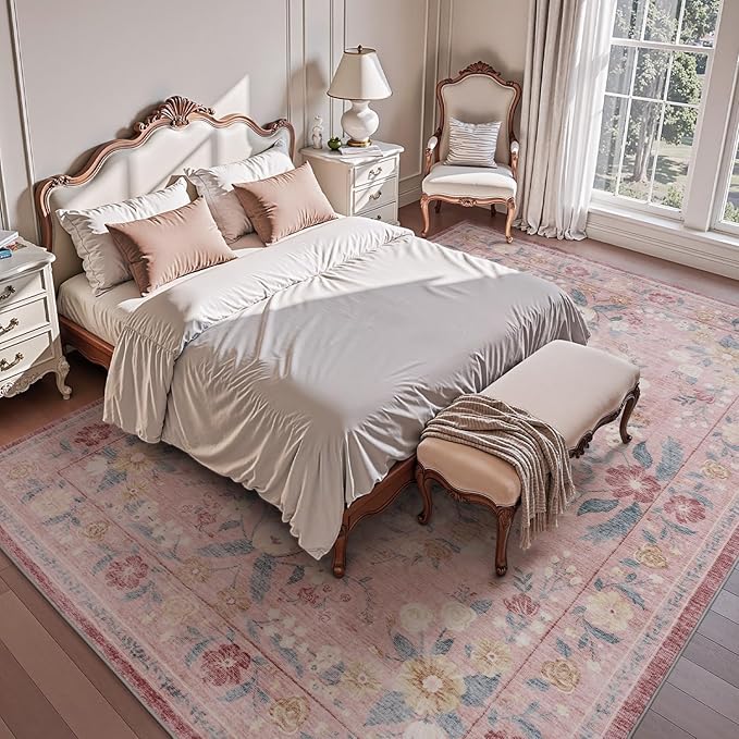 AMOAMI Vintage Floral 5x7 Area Rugs for Living Room Rug, Machine Washable Rug Non Slip Large Area Rug for Bedroom Indoor Low Pile Carpet Ultra Soft Boho Rugs for Dining Room Playroom Office, Pink