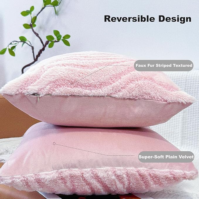 Pink Couch Pillow Covers 20" x 20" Striped Elegant Fluffy Blush Decorative Pillow Covers Faux Fur Boho Texture Throw Pillow Covers Decor for Sofa Chair Livingroom - 2 Pieces