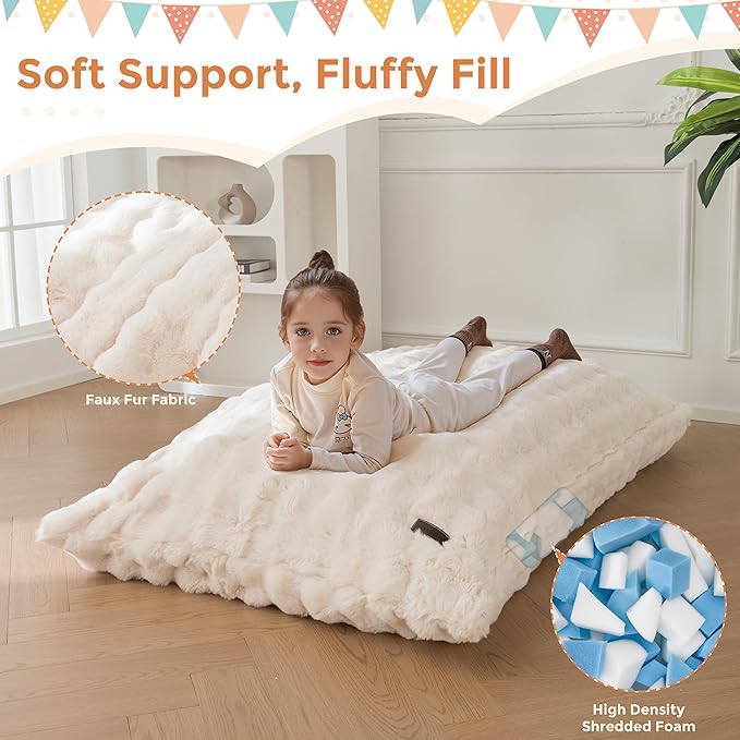 MAXYOYO 3 in 1 Kids Bean Bag Chair Bed, Child Floor Sofa for Gaming, Reading, Convertible Bean Bag Floor Cushion with Machine Washable Cover for Living Room Bedroom, Beige