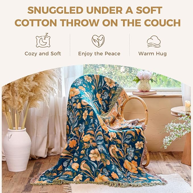 Boho Throw Blanket for Bed Cotton Spring Blankets Twin Size for Bedroom Living Room All Season Lightweight Floral Bird Embroidery Breathable Quilt for Couch Sofa Chair 60"x80" Home Decor