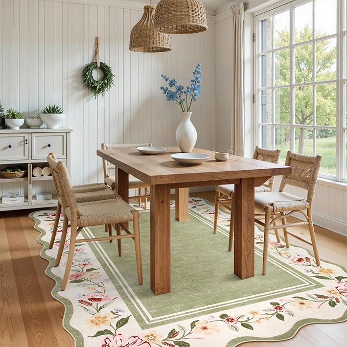 Lahome Floral Scalloped Rug 5x7, Green Rugs for Living Room Ultra-Thin, Vintage Boho Washable Area Rug 5x7 Soft Bedroom Rugs Non-Slip Throw Carpet for Farmhouse Dining Room Playroom Ariele