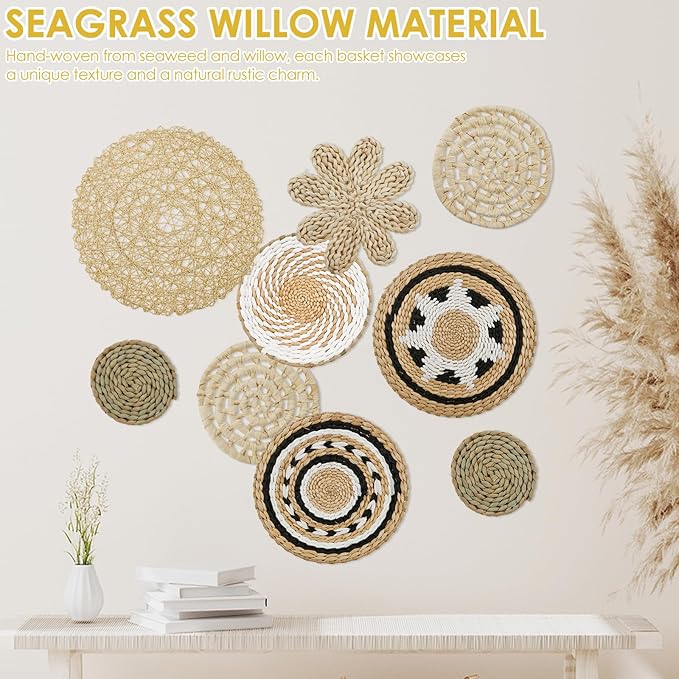HJJWNDDNG 9 Pack Boho Wall Basket Decor Set, Hanging Woven Seagrass Rattan Wicker Boho Wall Decor, Round Farmhouse Wall Hanging Baskets Rustic Flat Wall Art for Living Room Bedroom Kitchen (Style 9)