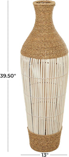 Deco 79 Seagrass Handmade Decorative Vase Wrapped Tall Floor Centerpiece Vase with Cream Slatted Bamboo Center, Vase for Home Decoration 13" x 13" x 40", Brown