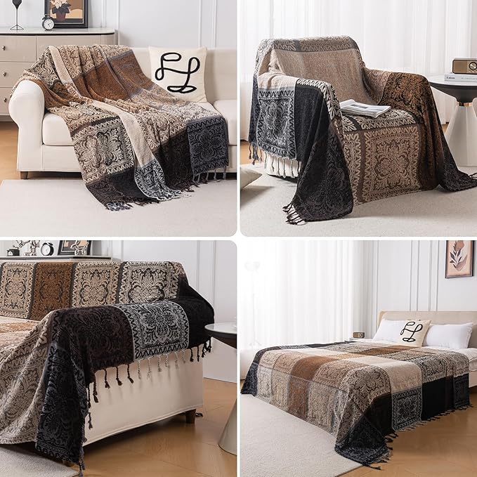Boho Throw Blanket, Chenille Jacquard Tassels Throw Blankets for Bed Couch Soft Chair， Bohemian Fringe Tassels (Black, S:60x75)
