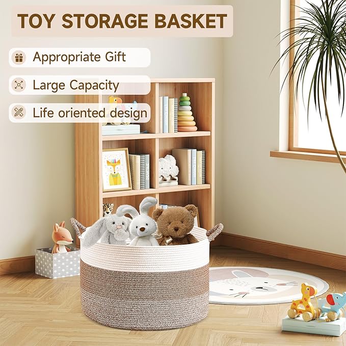 CLHMILY&Z Large Woven Basket - 20x13 Inches - Blanket Hamper for Living Room, Round Storage Bin, XLarge Laundry Organizer for Clothes, for Tree Plant, Mix Brown