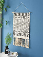 Macrame Woven Wall Tapestry Hanging Art, 20x34 Large Boho Chic Bohemian Morocco Black White Diamond Rhombus Geometric Tapestries Decor for Apartment Dorm Kids Living Room Bedroom Door Entrance