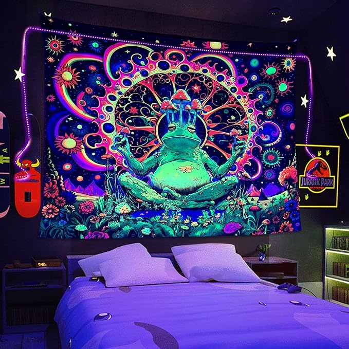 ARTCREATOR Blacklight Frog Mushroom Tapestry, Whimsical Hippie Wall Decor UV Reactive Tapestries Vintage Meditating Frog Tapestries for Living Room Bedroom (70" x 90")