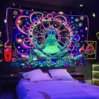 ARTCREATOR Blacklight Frog Mushroom Tapestry, Whimsical Hippie Wall Decor UV Reactive Tapestries Vintage Meditating Frog Tapestries for Living Room Bedroom (70" x 90")