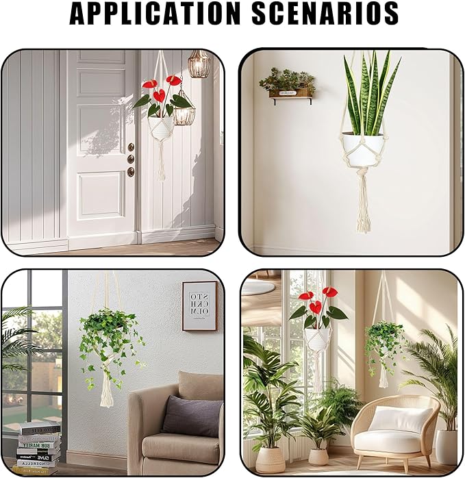 6Pcs White Macrame Plant Hanger Set Different Tiers Hanging Plant Holders Indoor Plant Hangers from Ceiling Hanging Planter Basket Cotton Rope with S Hooks and Hook Nails Boho Home Decor