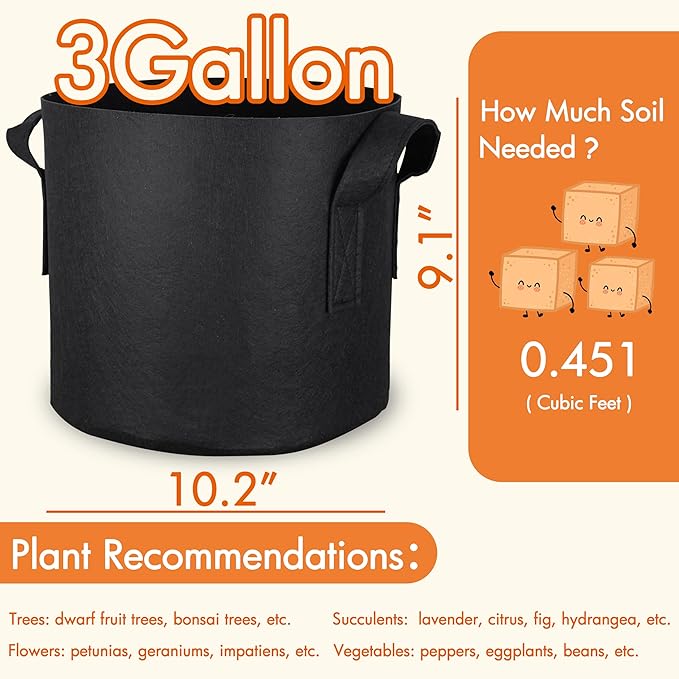 Gardzen 10-Pack 3 Gallon Grow Bags, 300G Thickened Fabric Grow Bags with Handles, Heavy Duty Aeration Plant Grow Bags