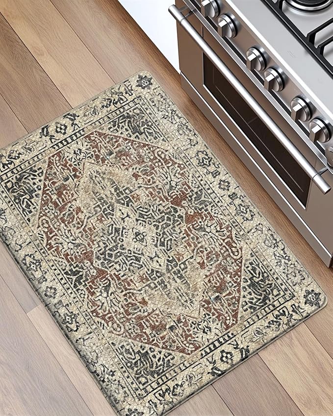 DEXI Kitchen Mats for Floor Cushioned, 23x35 Wide Runner Rug Non Slip, Waterproof Soft Comfort Standing Padded Anti Fatigue Decorative, Cream Red