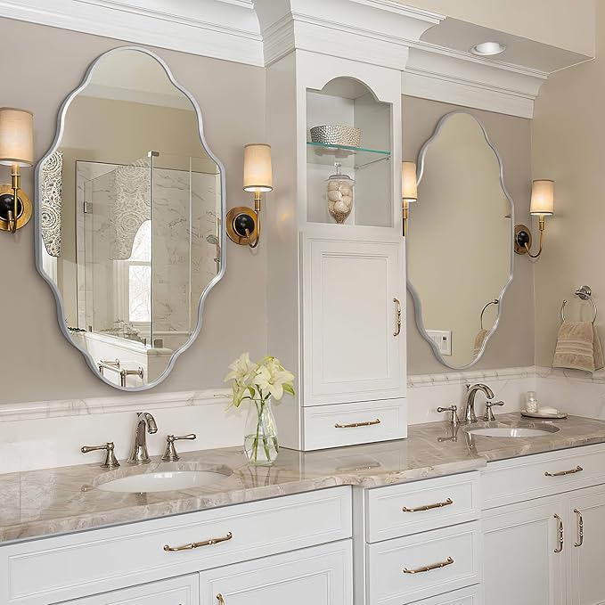 Scalloped Mirror for Bathroom - 24"x36" Silver Bathroom Mirror with Aviation Aluminum Alloy Frame & Shatter-Proof Glass for Living Room Bedroom Entryway, Brushed Silver Frame(x1)