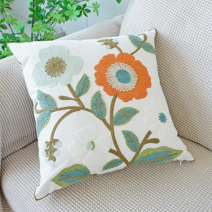 vctops Floral Embroidered Pillow Covers 18x18 Inch Spring Summer Cotton Tufted Throw Pillow Cover Outdoor Garden Cushion Case for Sofa, Bed, Living Room (Flower G,18"x18")