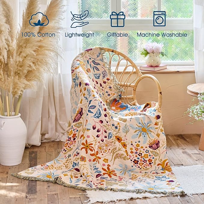 Boho Throw Blanket - 100% Cotton Throw Blankets for Bed Couch, 50"x60" Soft Muslin Lightweight Spring Throw Blanket, Cozy Floral Butterfly Printed Bohemain Bedding Decor Beige Throw Quilt