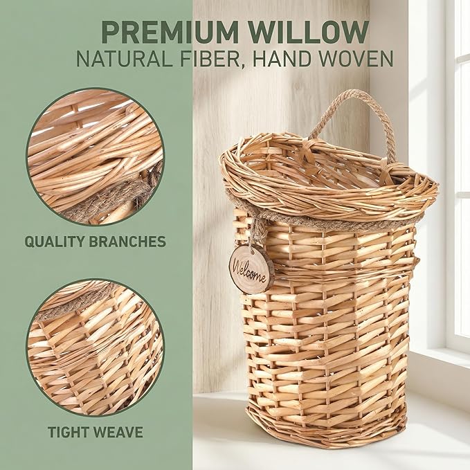 Hiceeden Wicker Hanging Wall Basket, Woven Front Door Flower Basket, Flat Hanging Storage Basket Wall Decor for Home, Garden, Pantry, Farmhouse