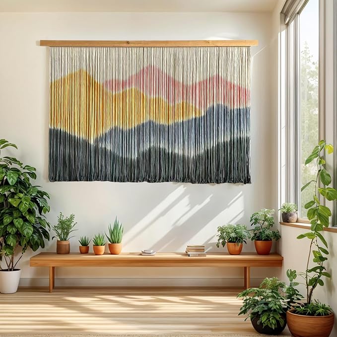 Sdjazl Woven Boho Macrame Wall Hanging Home Decor Tapestry Dip-Dyed Large Modern Handmade Colorful Mountain Landspace For Living room (light pink)